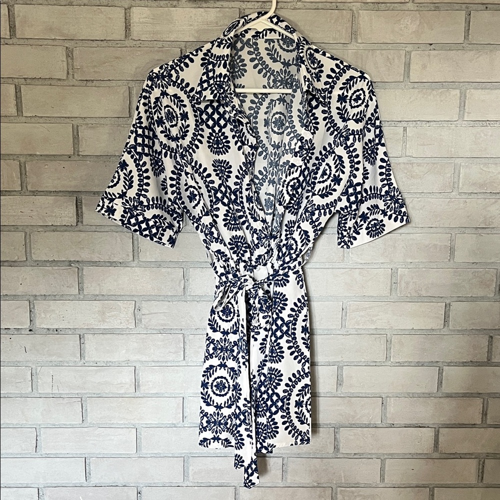 White and Navy Printed Tie-Waist Romper